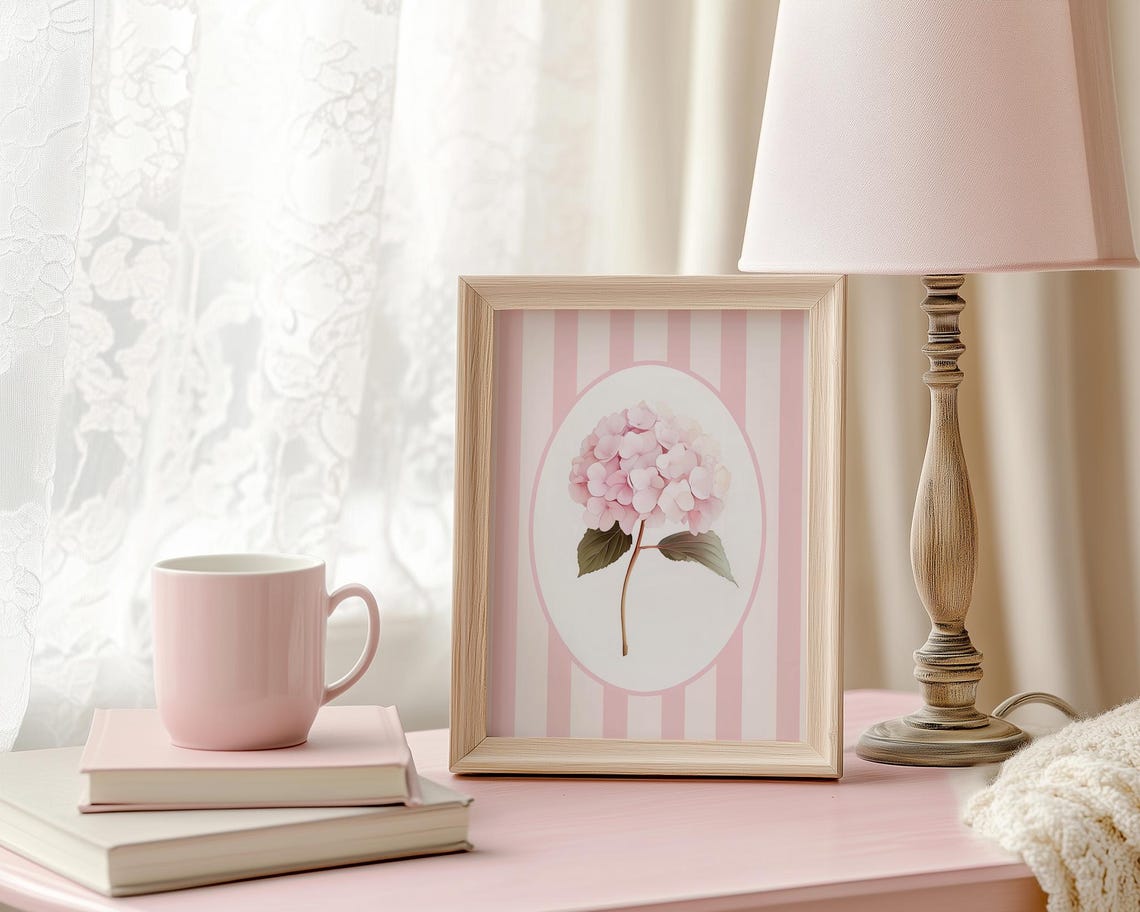 Pink Hydrangea Bloom on Pink Stripes Botanical Nursery Decor Poster - Image 5