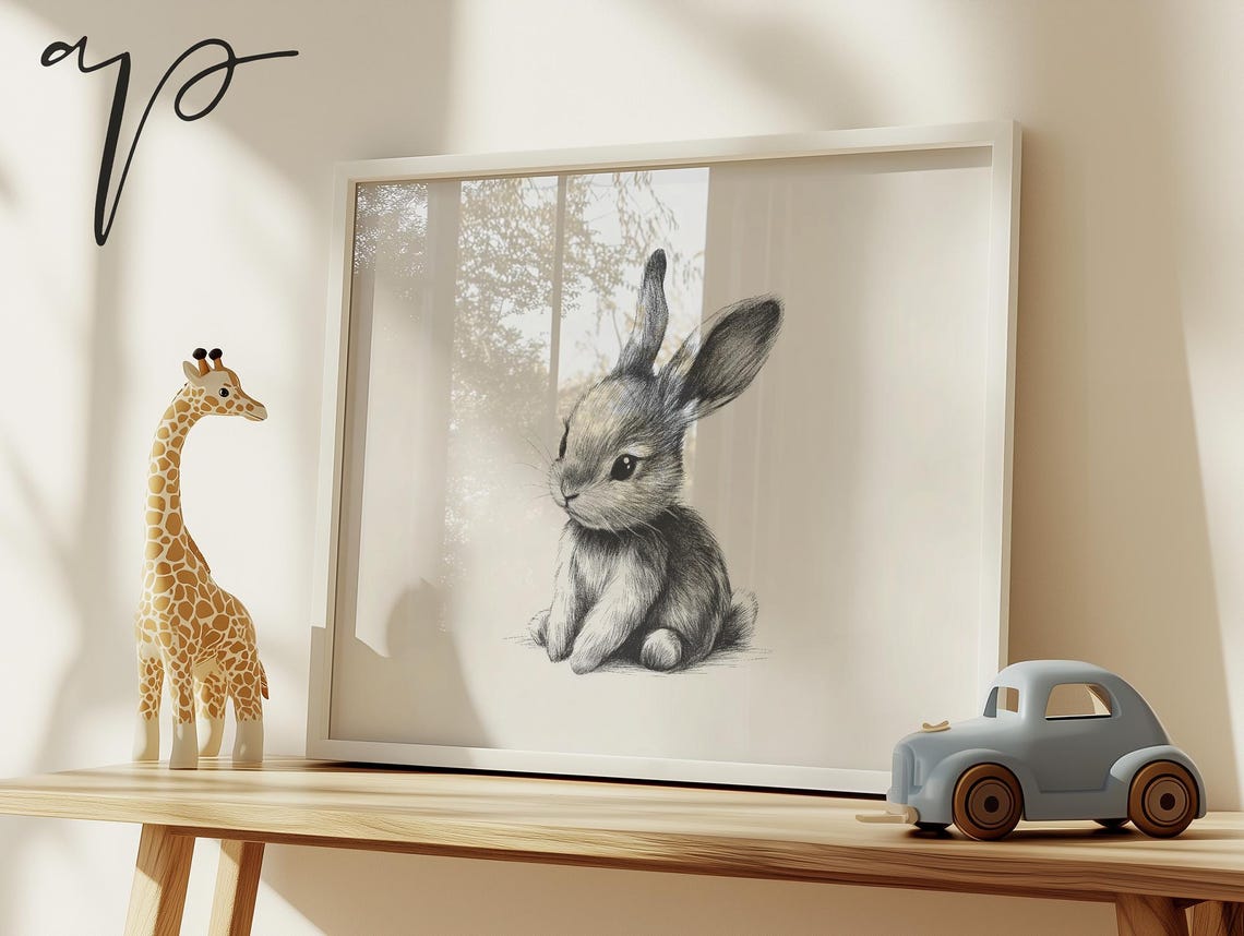 Sweet Baby Bunny Pencil Sketch Minimalist Nursery Rabbit Line Print - Image 4