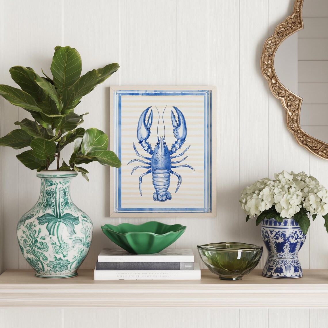 Blue Lobster Watercolor Sea Life Striped Nautical Coastal Poster - Image 3