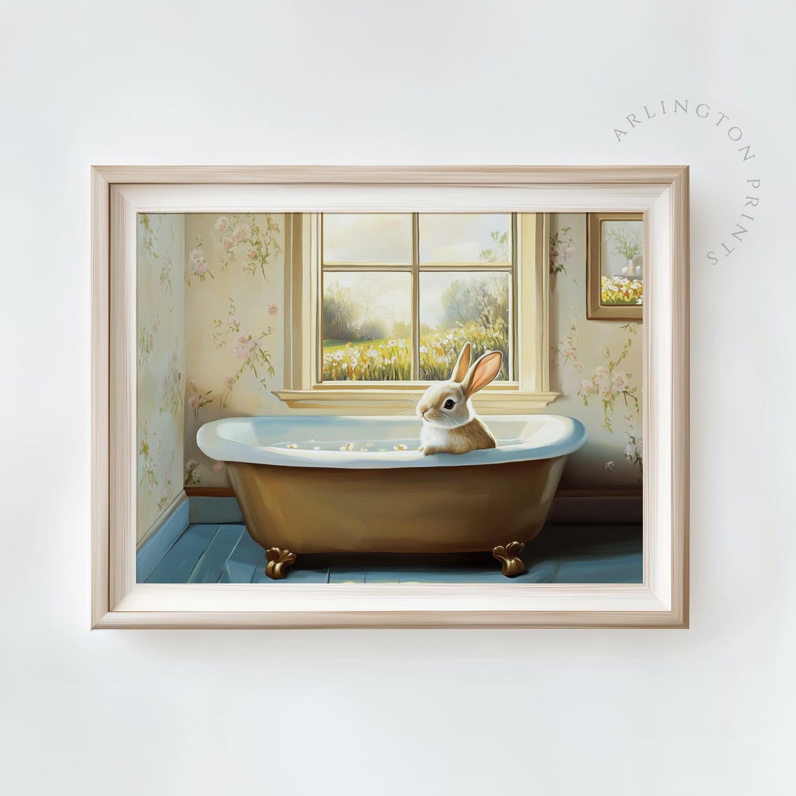 Adorable Bunny Bath Time in a Golden Vintage Clawfoot Tub Poster