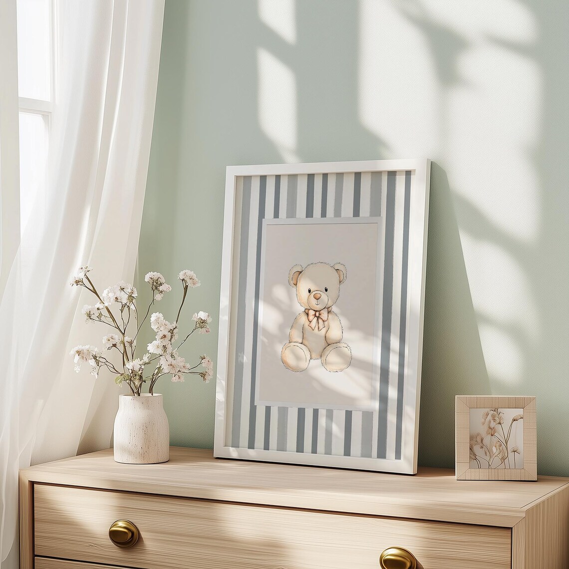 Vintage Teddy Bear Nursery Gray Striped Gender Neutral Baby Poster - Image 6