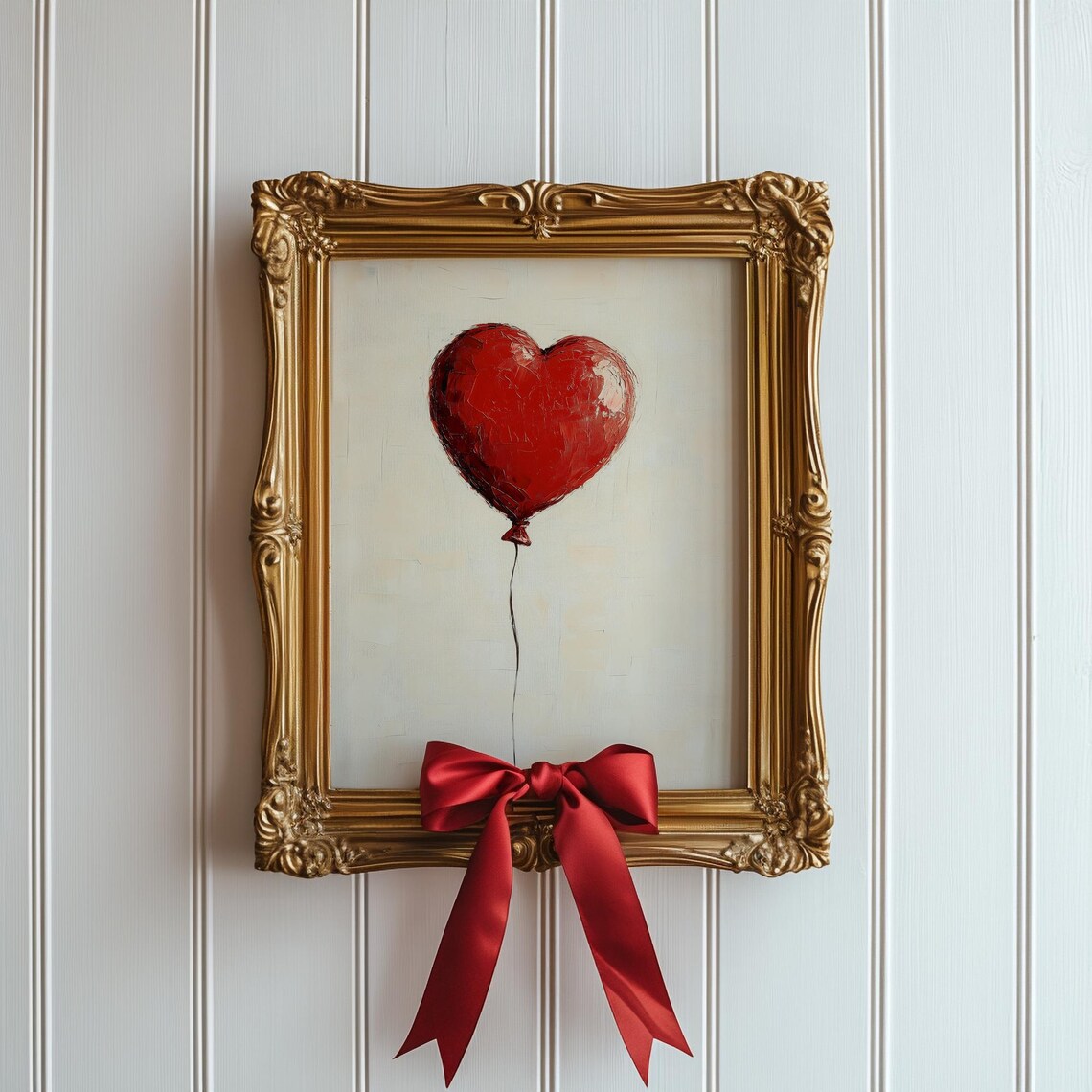 Red Heart Balloon Impasto Painting Cream Minimalist Love Art Poster - Image 4