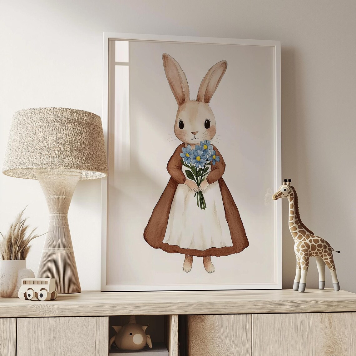 Cute Bunny in Dress Holding Blue Flowers Watercolor Nursery Art Poster - Image 2
