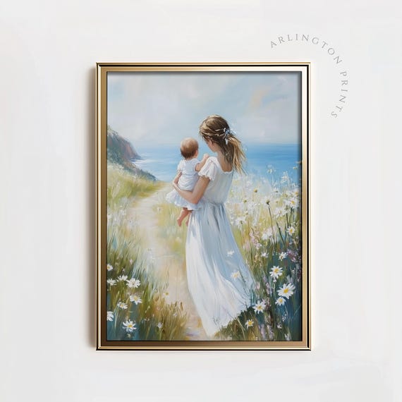 Mother And Child Spring Nursery Decor, Daisy Field Painting