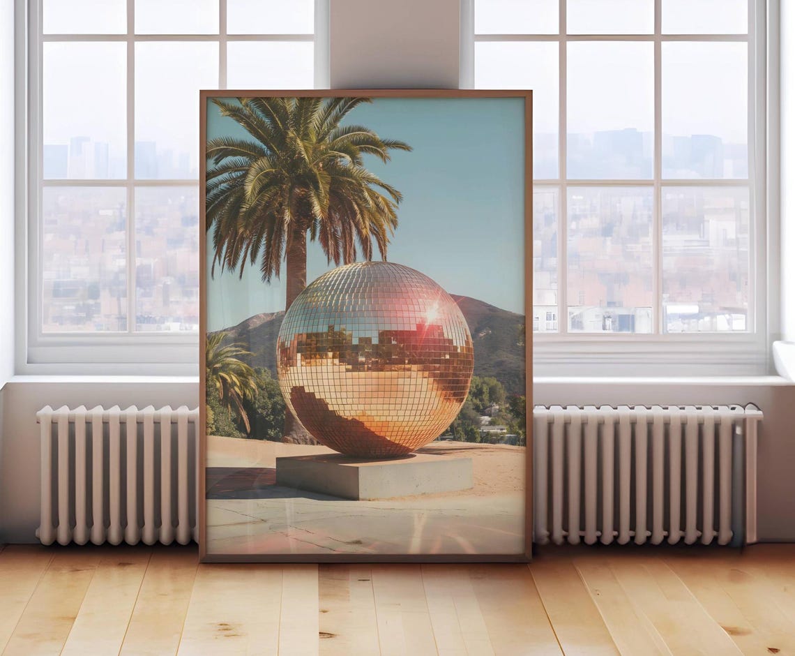 Giant Disco Ball Golden Sunset Palm Tree Photography Art Poster