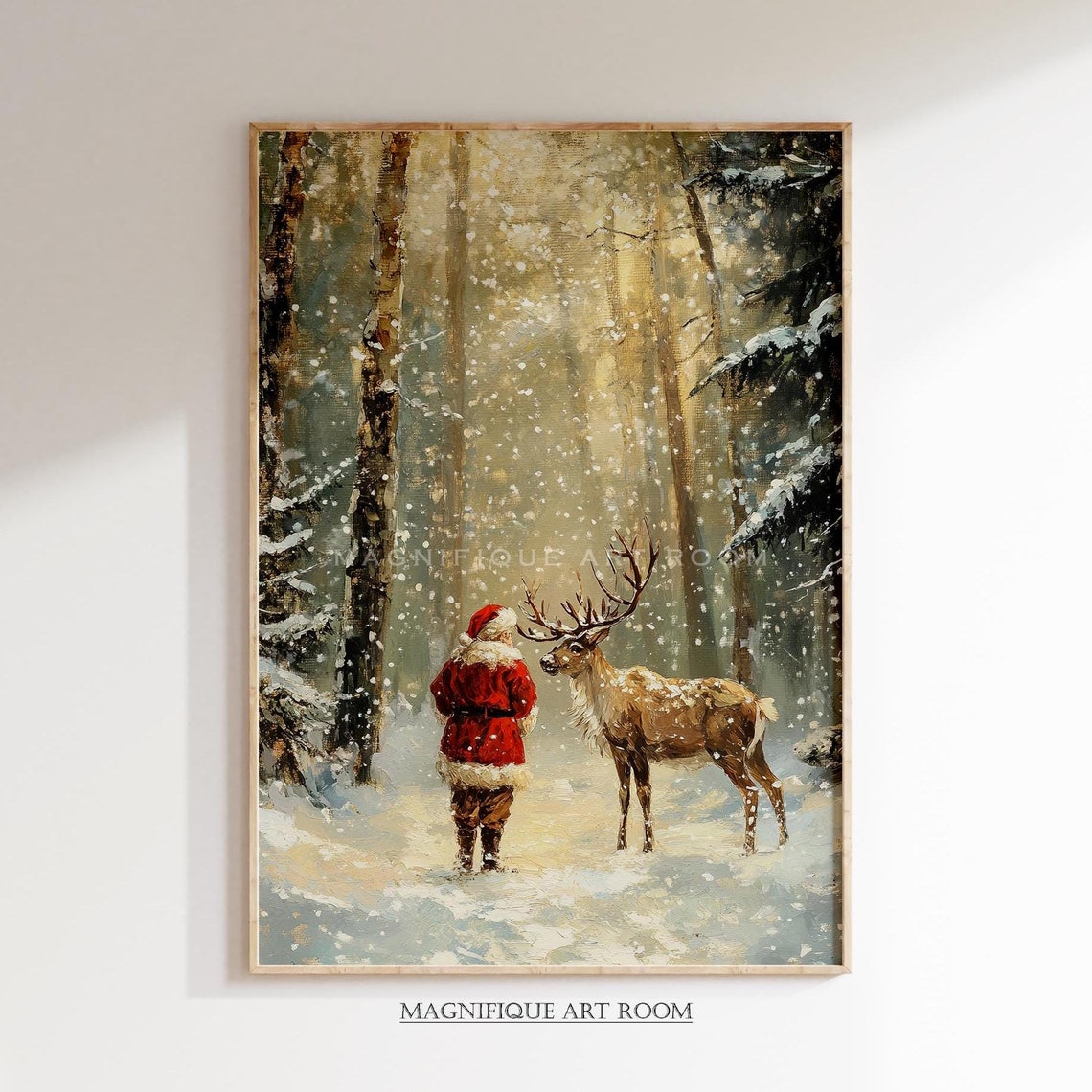 Vintage Santa Claus Wall Art Santa With Reindeer Hanging Painting Vintage Santa Print Holiday Decor Winter Forest Painting W151