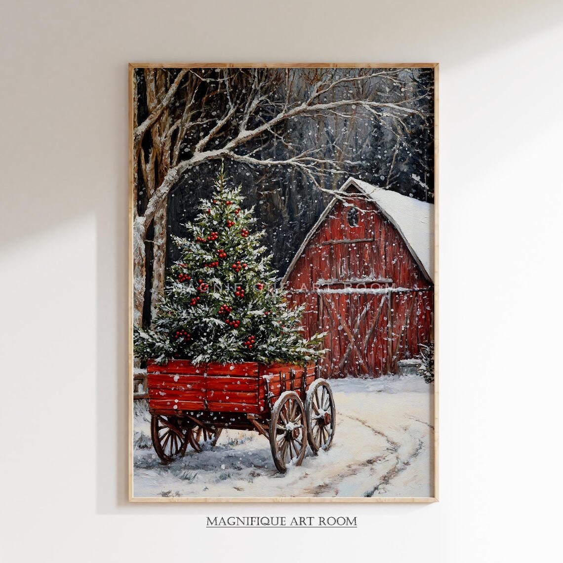 Christmas Farm Red Barn, Rustic Winter Landscape Art Print