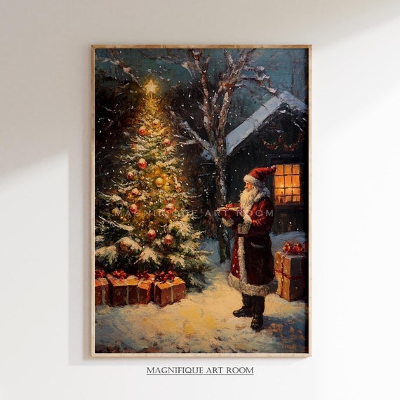 Vintage Christmas Wall Art Santa Reading Wishlist Moody Christmas Tree Farmhouse Cottagecore Decor Xmas Decoration W28