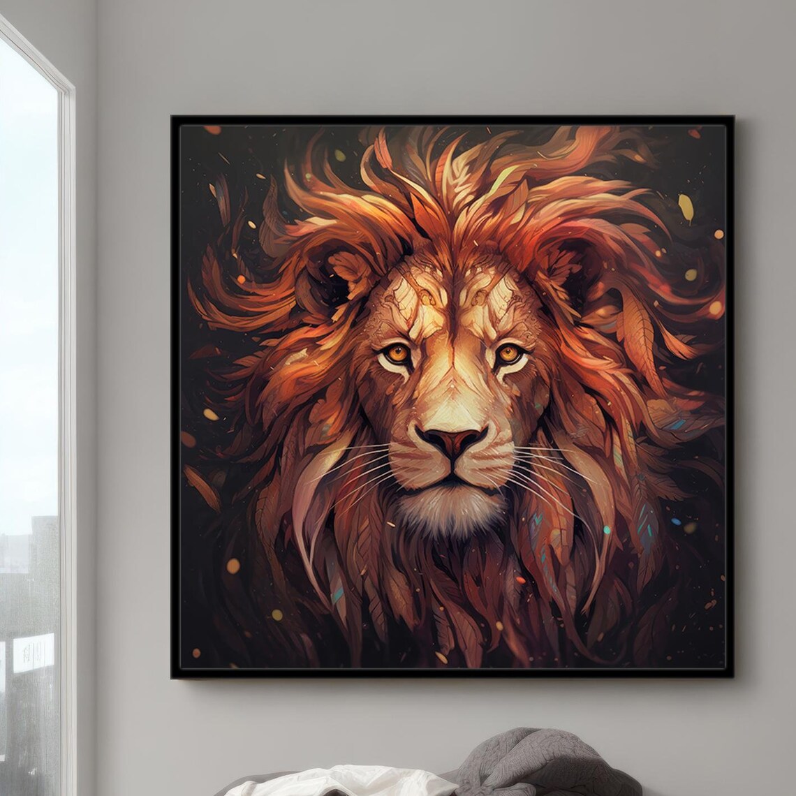 Bold Scarlet Lion Portrait Fiery Mane King of Jungle Art Poster