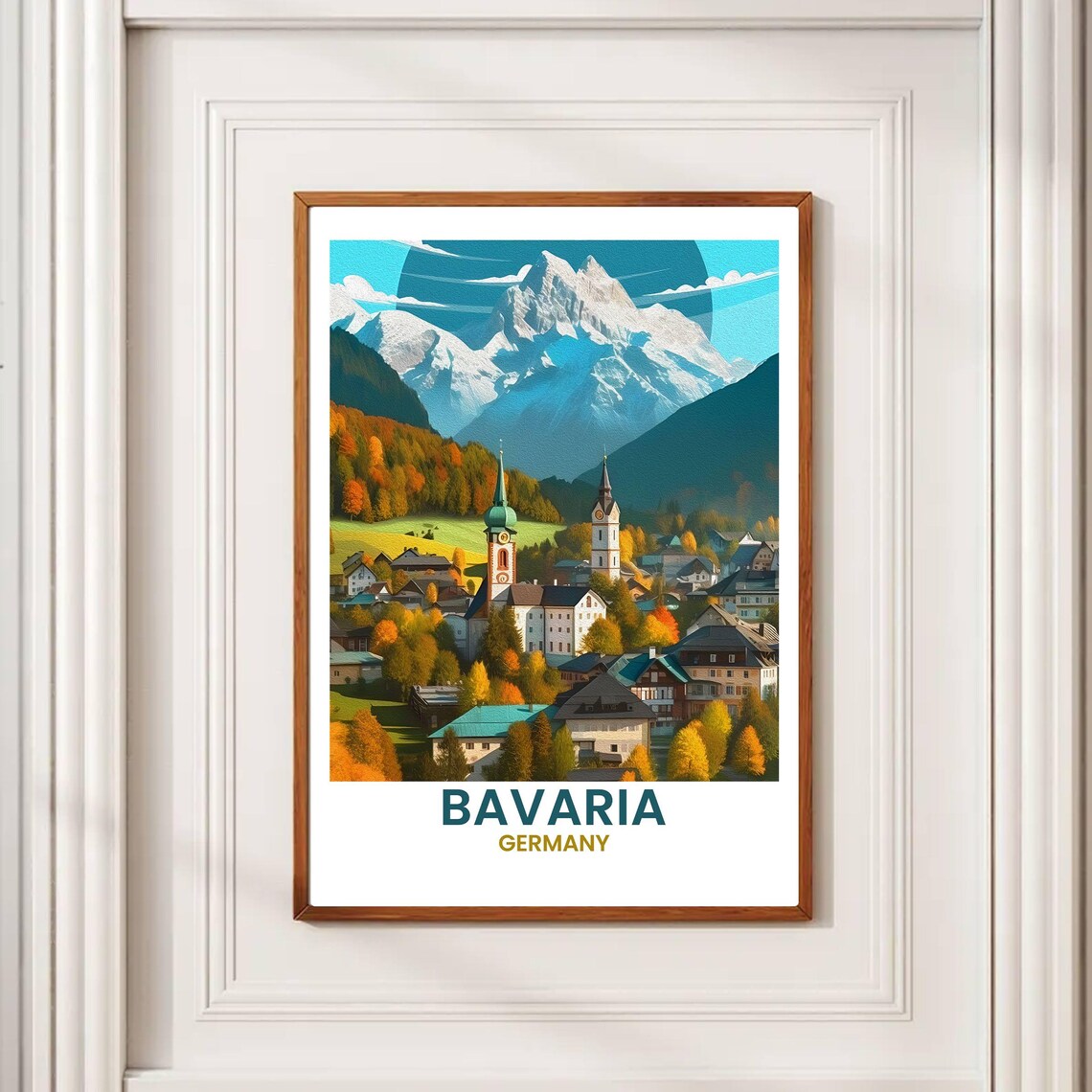 Bavaria Germany Autumn Village Travel Poster with Snowy Alps Peaks