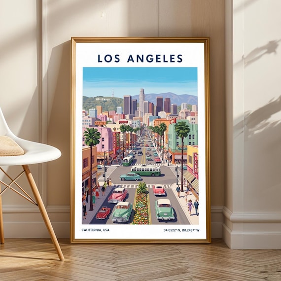 Los Angeles Vintage Street Classic Cars Hollywood Sign Retro Travel Poster