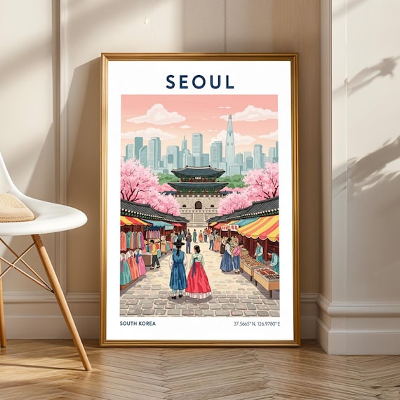 Seoul Market Scene Poster Korean Art Pink And Blue Green Red Yellow Gouache Illustration Living Room Or Office Decor