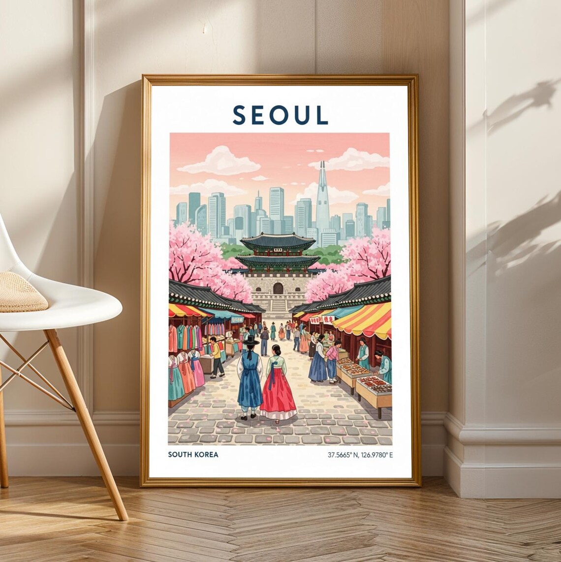 Seoul South Korea Market Street Cherry Blossom Travel Poster