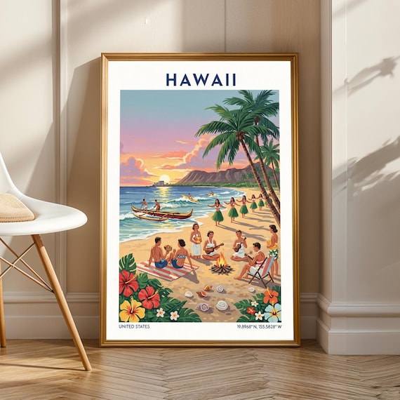 Hawaii Beach Retro Travel Poster Hula Dancers Campfire Sunset Surf Artwork