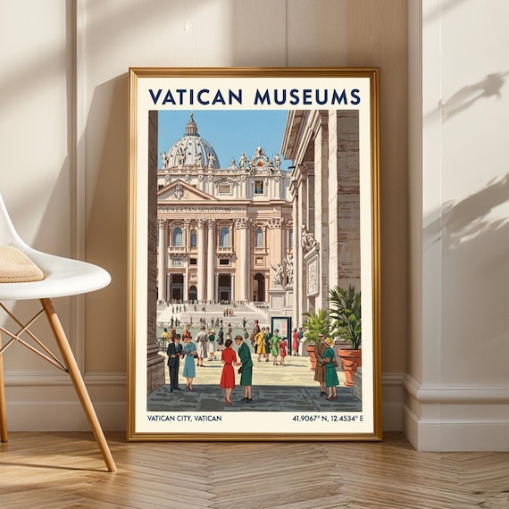 Vatican City Art Print Vintage Gouache Illustration Blue And Beige Green Red Decor Architectural For Living Room Or Office