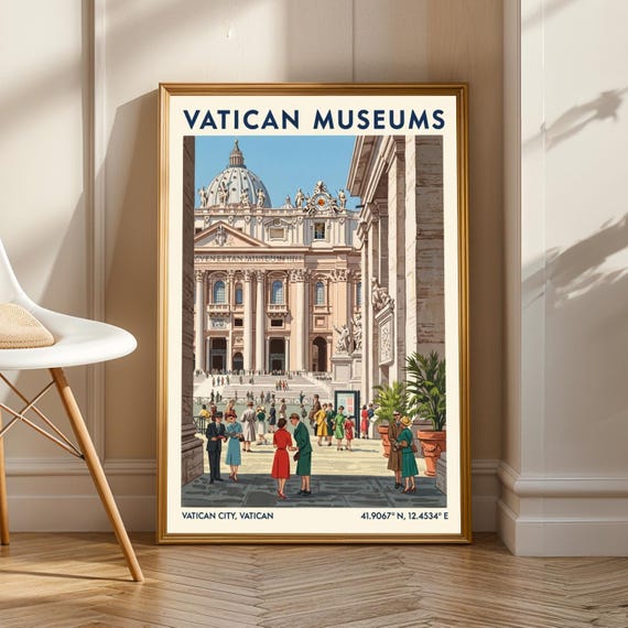 Vatican Museums St Peter's Basilica Crowd Vintage Travel Poster