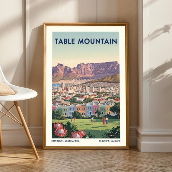 Cape Town Table Mountain Poster Vintage Gouache Landscape Blue And Green Pink Art South Africa Travel Decor For Living Room