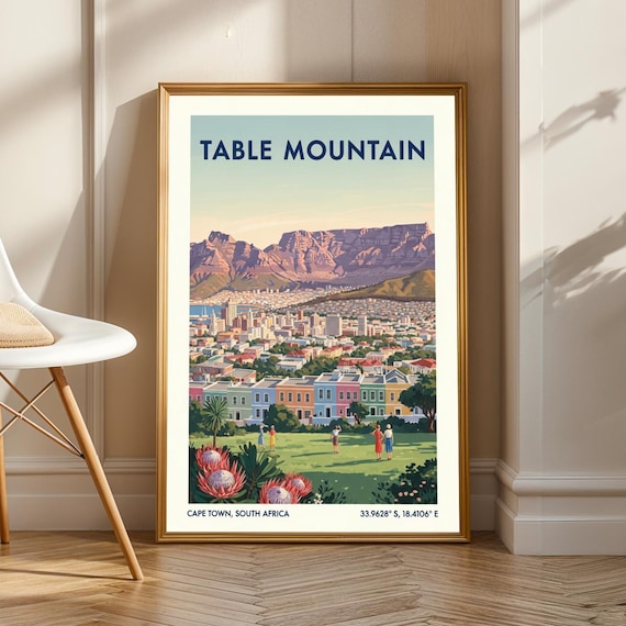 Table Mountain Cape Town Vintage Travel Poster South Africa Cityscape Art