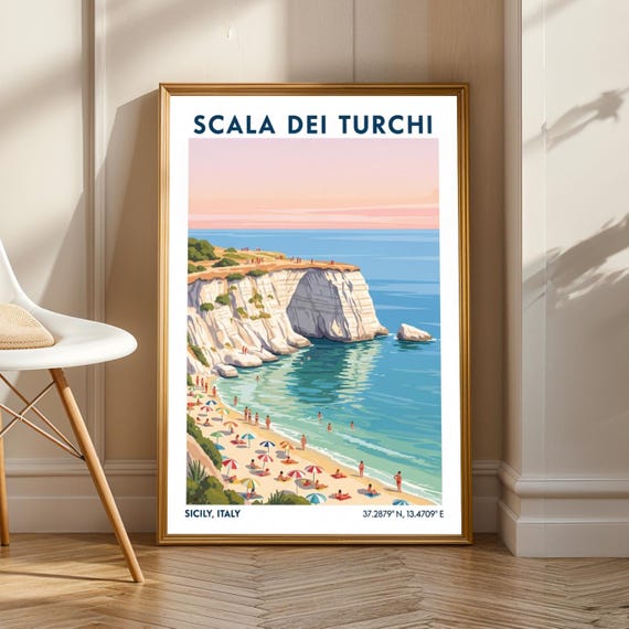 Scala Dei Turchi Poster Stair Of The Turks Wall Art Italy Sicily Travel Illustration Italian Beach Decor For Living Room Or Office
