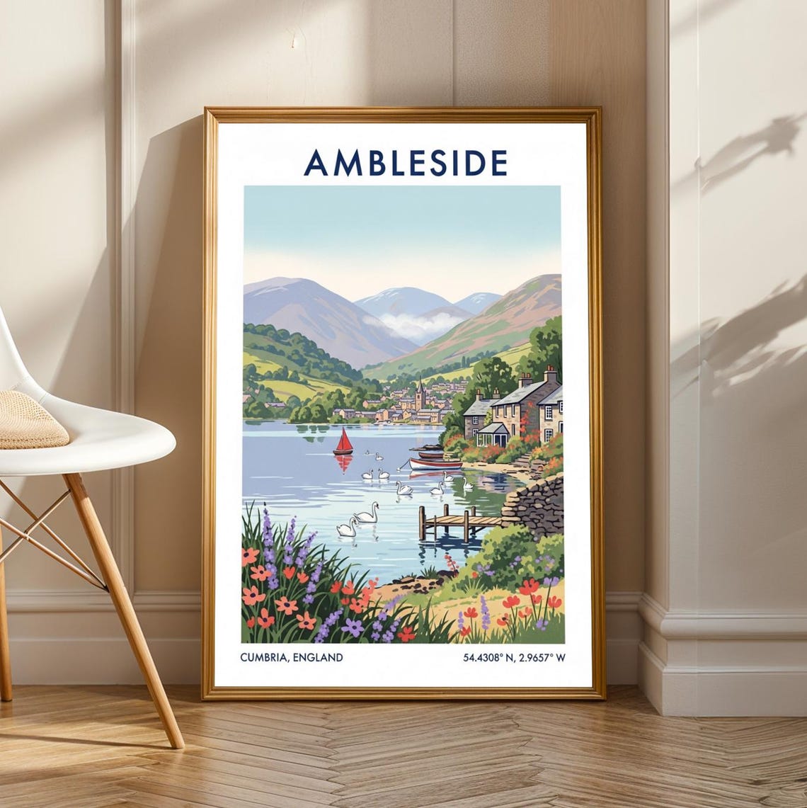 Ambleside Lakeside Village Swans Boats Cumbria England Travel Poster