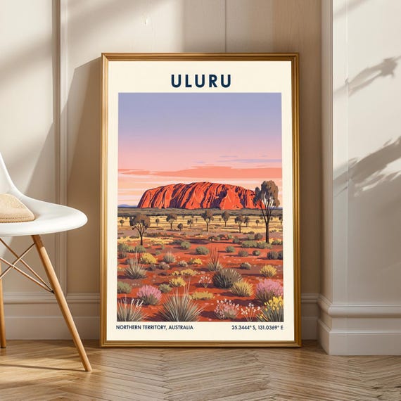 Uluru Australia Poster Vintage Gouache Painting Orange Red Pink Green And Yellow Travel Art Living Room Office Or Bedroom Decor