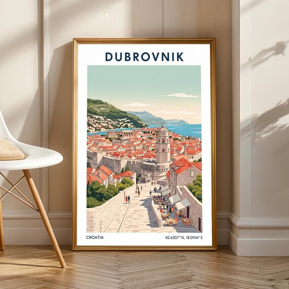 Dubrovnik Medieval Architecture Poster Green Blue Orange And Beige Gouache Art Mediterranean Cityscape Illustration Living Room Deco