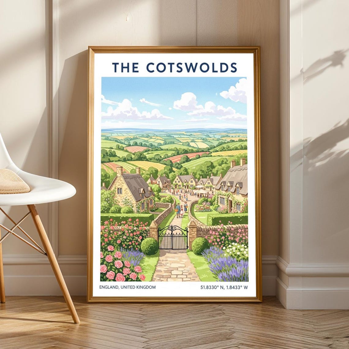 Cotswolds Village Scene Poster Green And Blue Pink Lavender Art Vintage Uk Travel English Countryside Decor Living Room Office