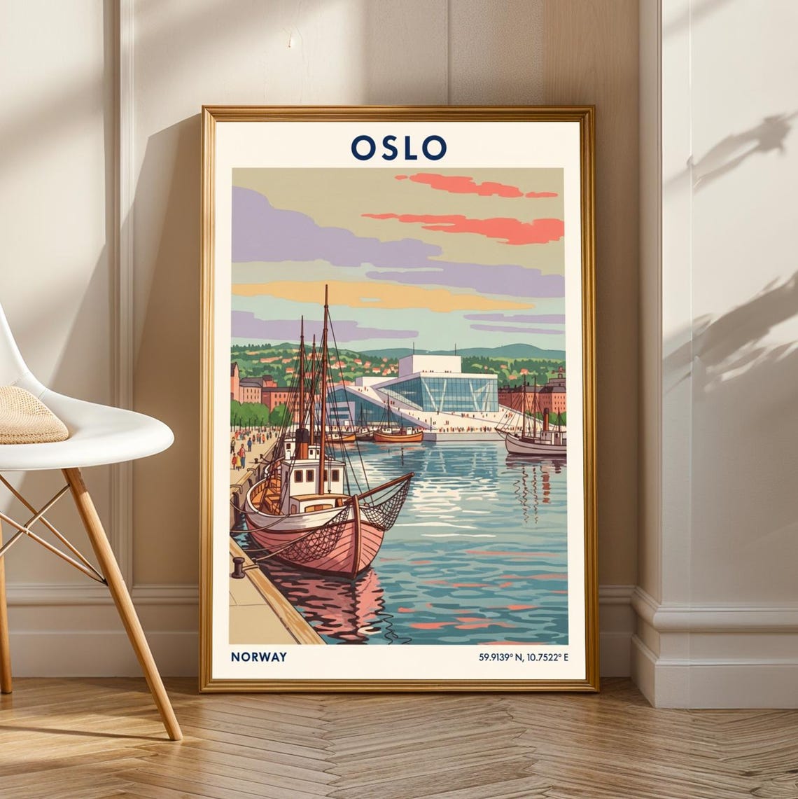 Oslo Harbour Opera House Sunset Sails Vintage Norway Travel Poster
