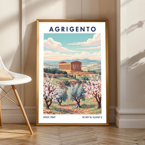 Agrigento Ancient Temple Poster Italy Wall Art Italian Landscape Illustration Travel For Living Room