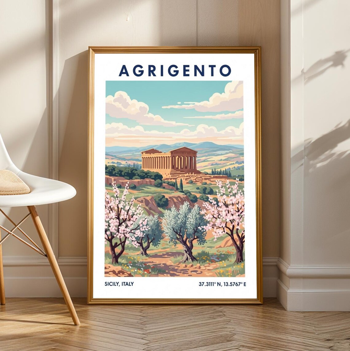 Agrigento Sicily Italy Greek Temple Valley Blossom Travel Poster