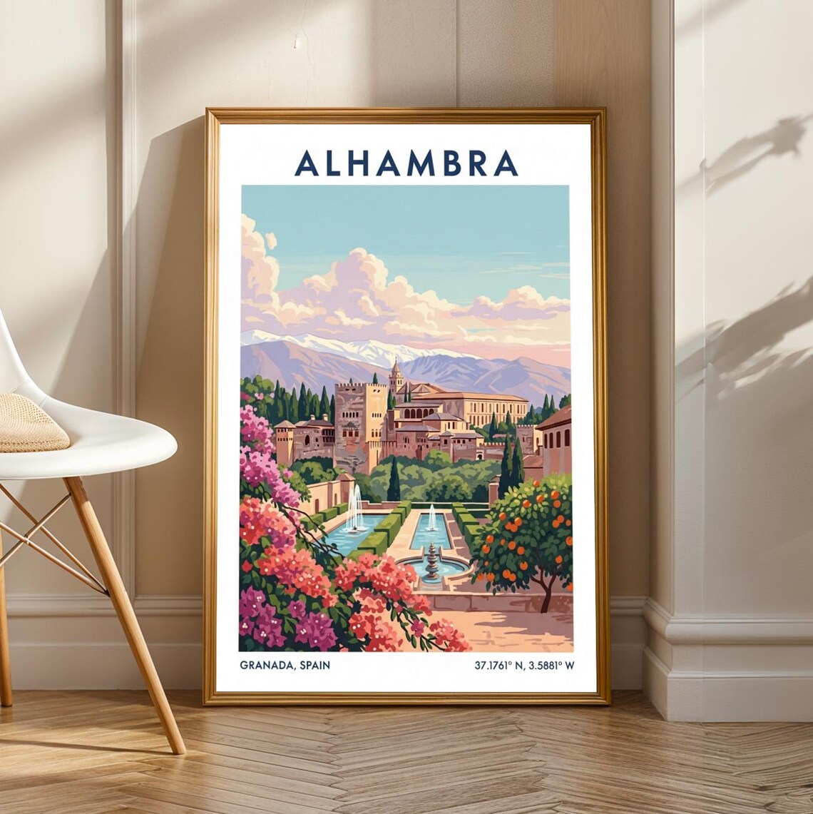 Alhambra Granada Spain Gardens Fountains Sierra Nevada Travel Poster