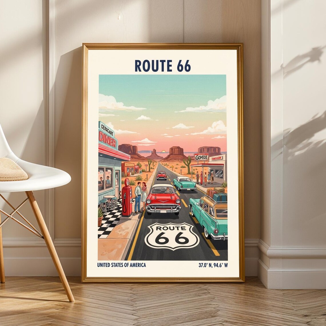 Route 66 Americana Diner Classic Cars Desert Sunset Travel Poster