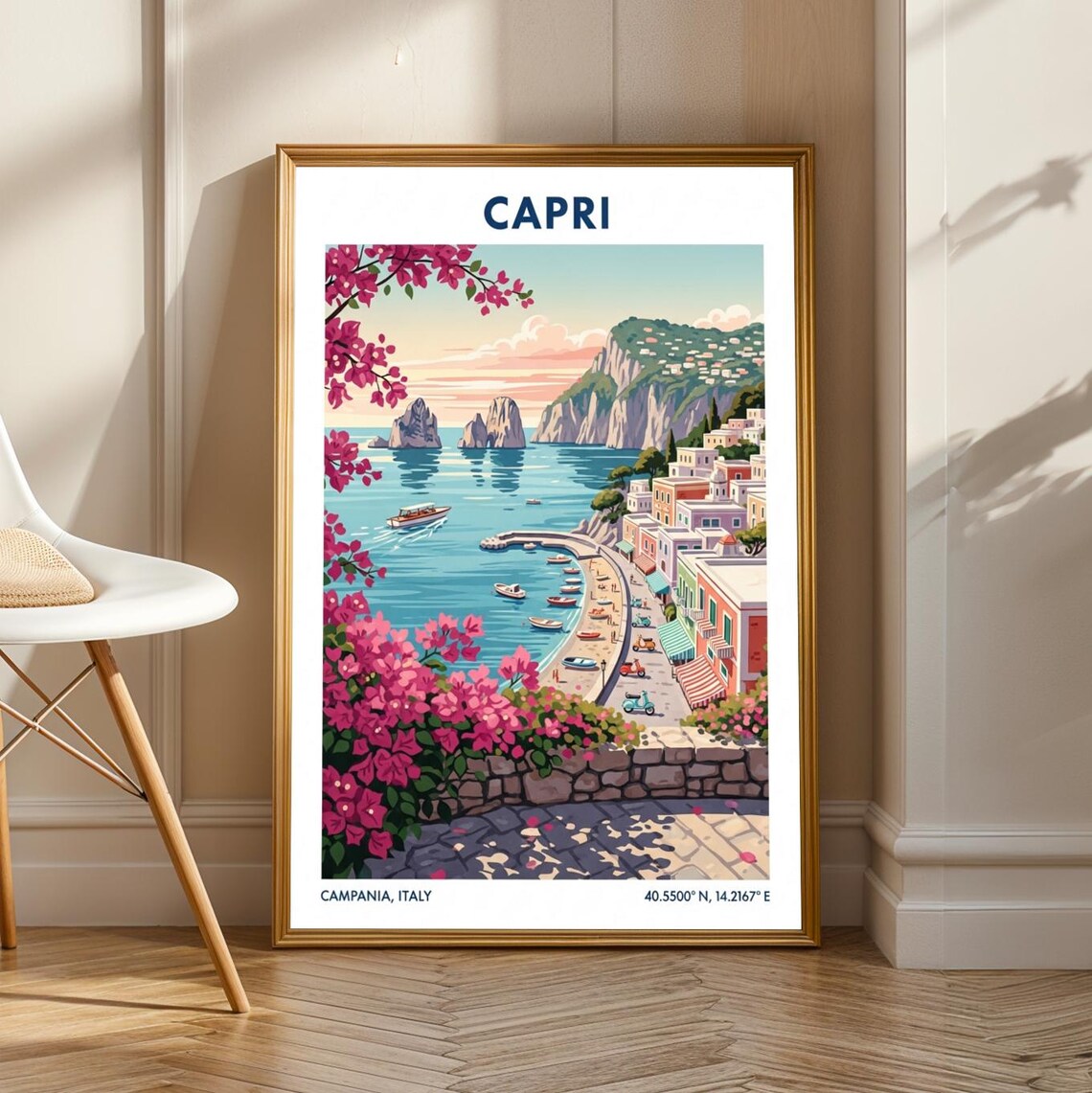 Capri Faraglioni Rocks Pink Bougainvillea Italy Coast Travel Poster