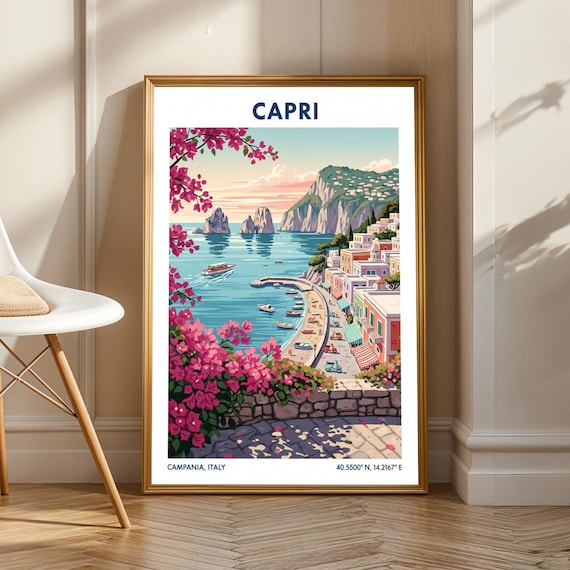 Capri Faraglioni Rocks Poster Pink And Blue Green Teal Gouache Art Italian Coastal Illustration Living Room Office Decor