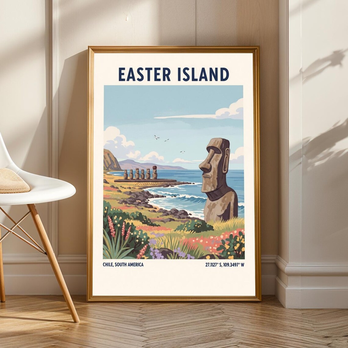 Easter Island Moai Illustration, Chile Travel Poster