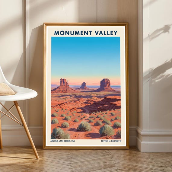 Monument Valley Buttes Poster Vintage Gouache Painting Southwestern Desert Art Blue Orange Red And Green Decor Bedroom Office