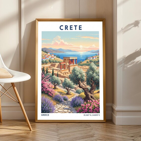 Knossos Ruins Crete Art Print Pink Lavender And Blue Illustration Mediterranean Travel Decor Living Room Office
