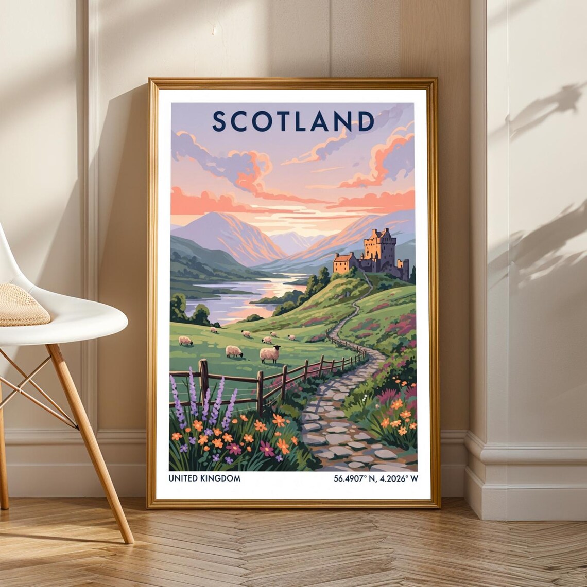 Scotland Castle Loch Sheep Path Sunrise Travel Souvenir Art Poster