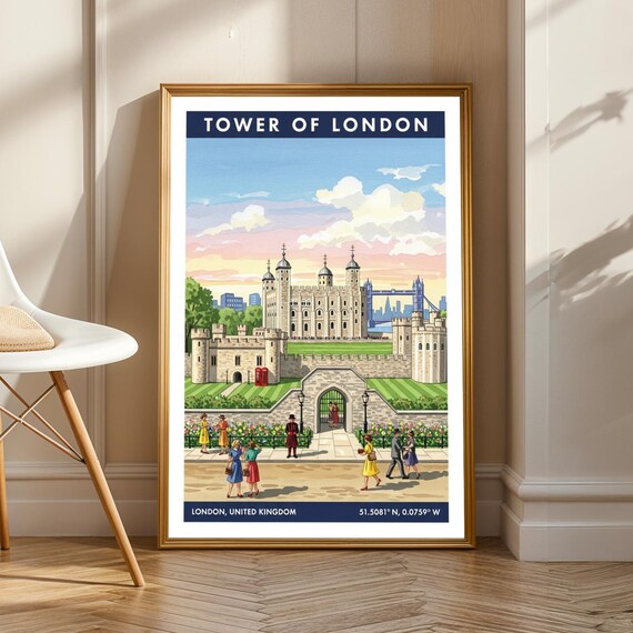 Tower Of London Vintage Poster Blue And Green Gouache Art British Landmarks Illustration Red Yellow Pink Decor For Living Room