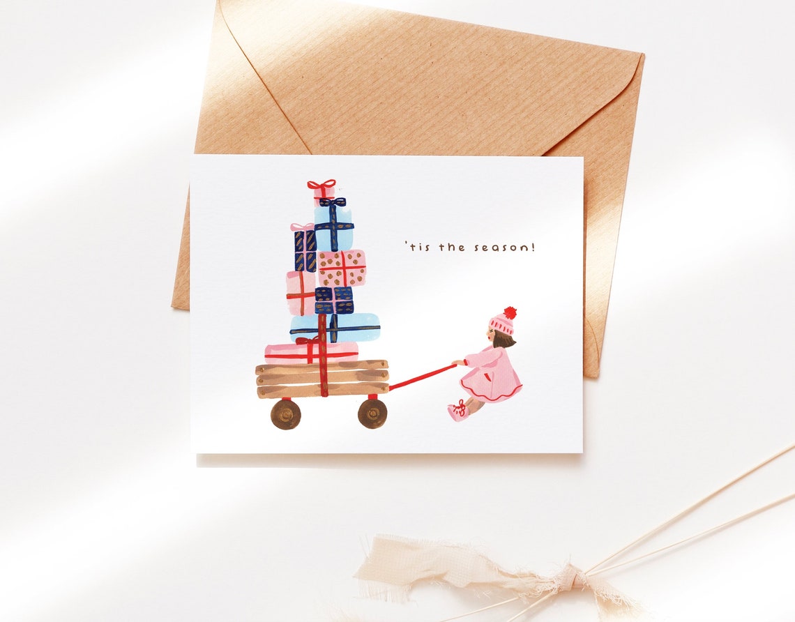Girl Pulling Gift Wagon Tis The Season Christmas Card Holiday Print - Image 2