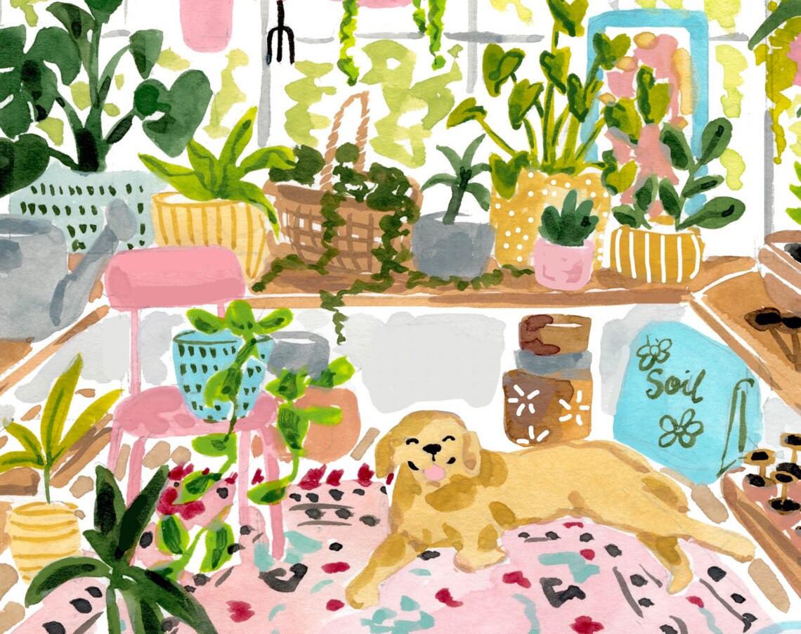 Greenhouse Garden Watercolor Art Print, Yellow Lab - Image 2