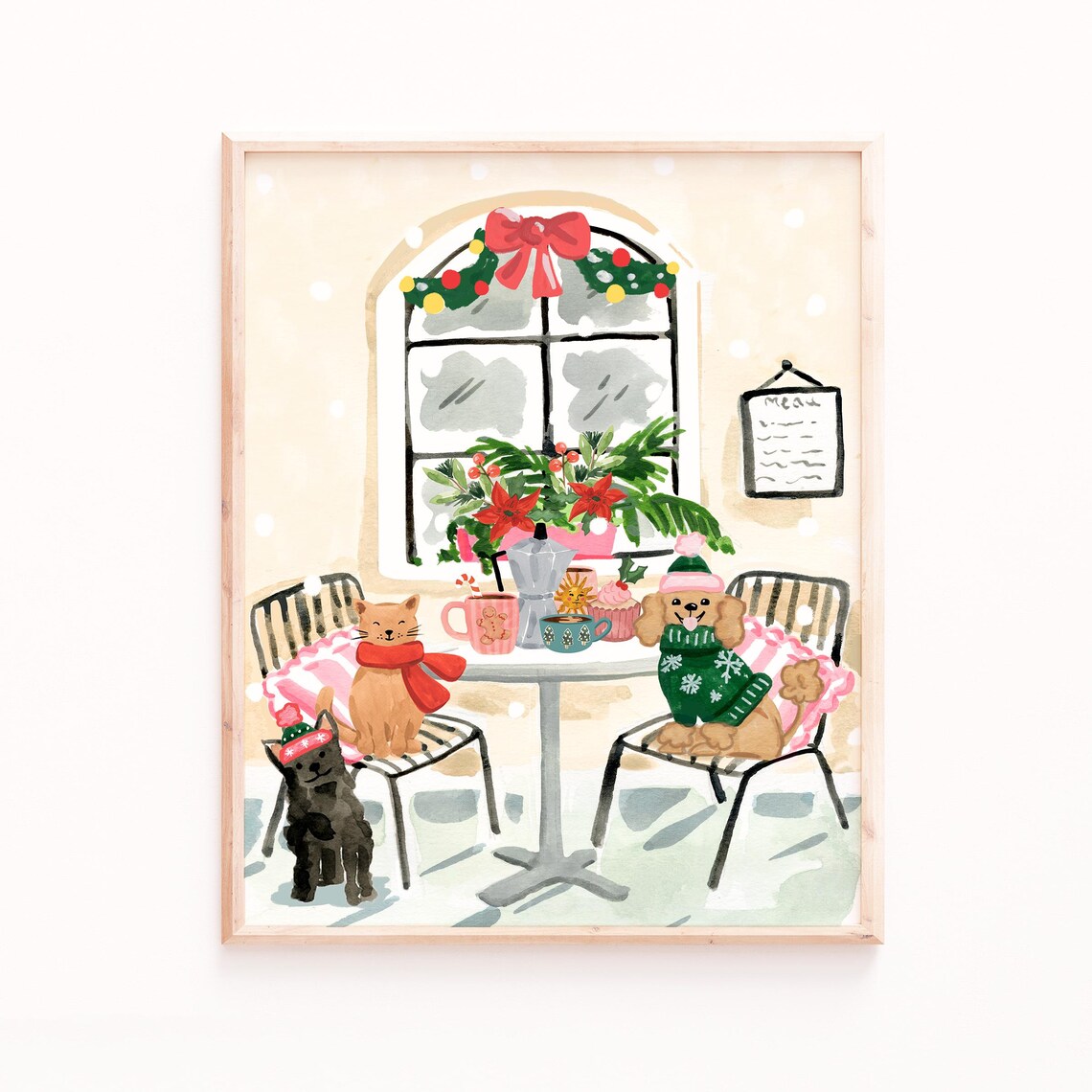 Christmas Cafe Art Print, Festive Cats Dogs Holiday Table