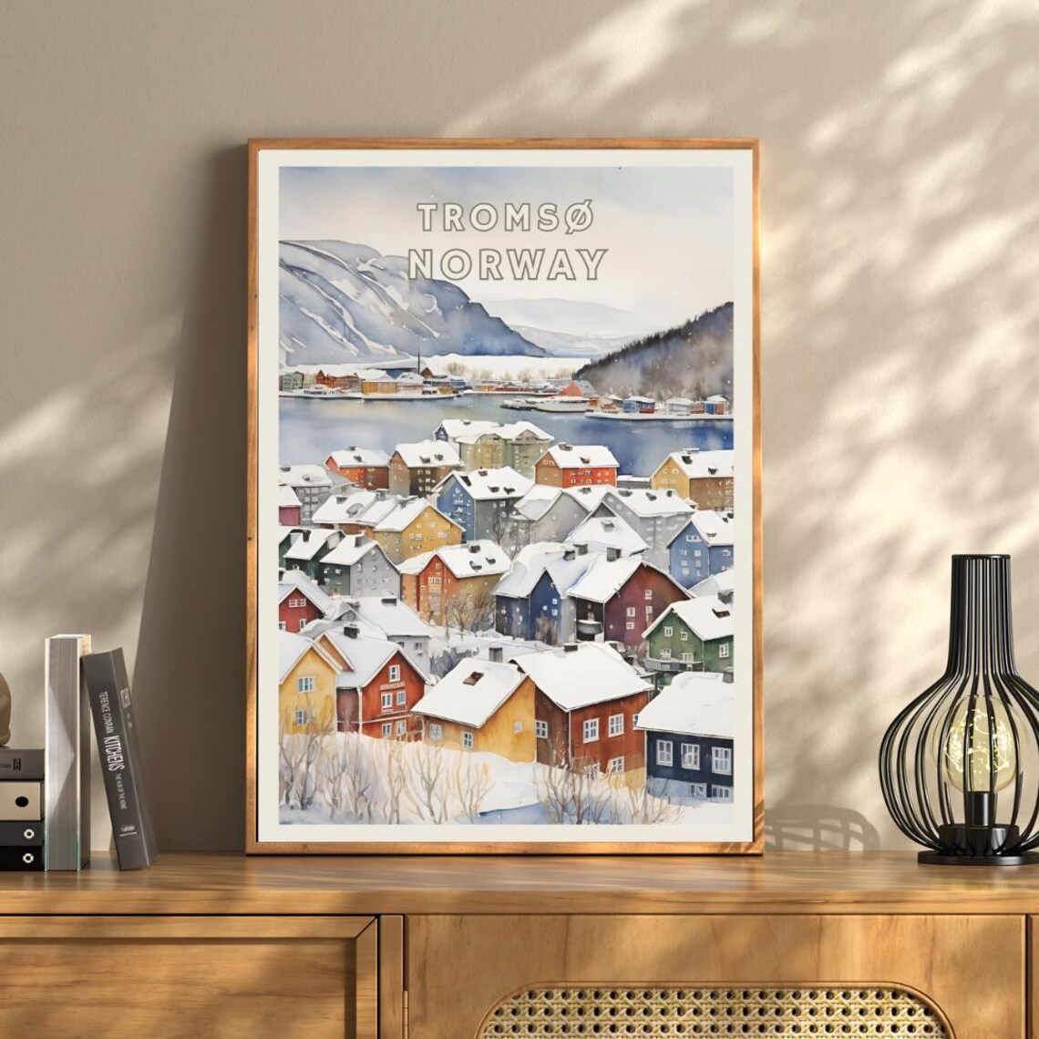 Troms Norway Travel Poster, Nordic Village Watercolor - Image 3