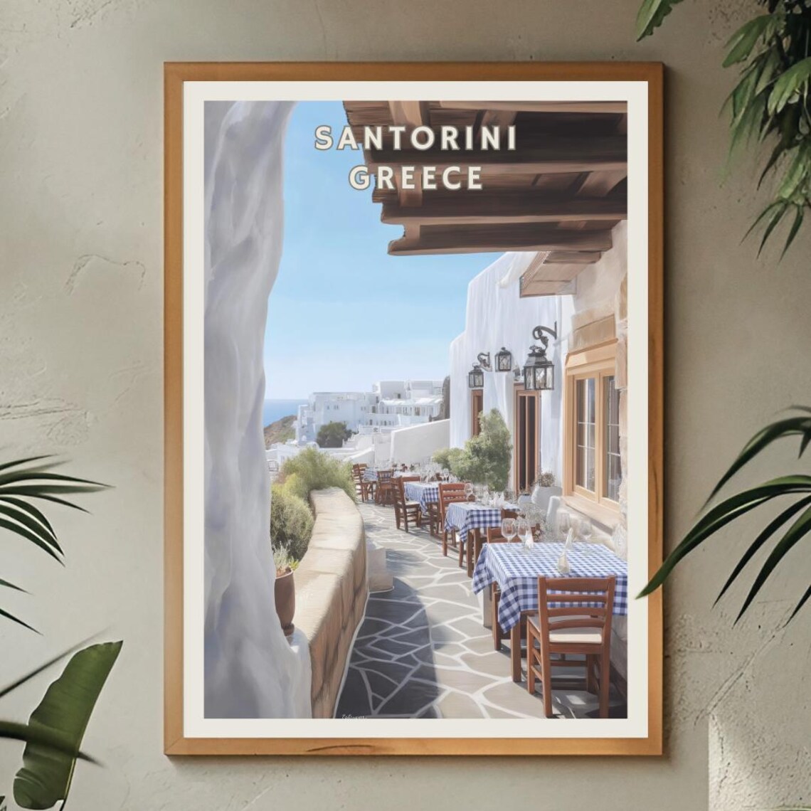 Santorini Greece Travel Poster, Seaside Dining Illustration - Image 2