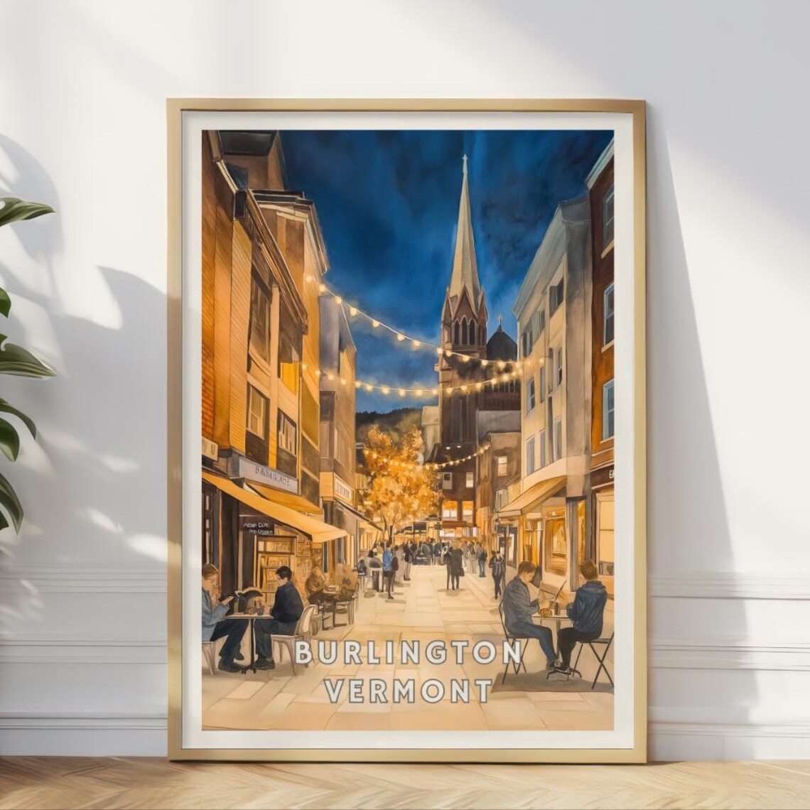 Burlington Vermont Travel Poster, Downtown Night Scene