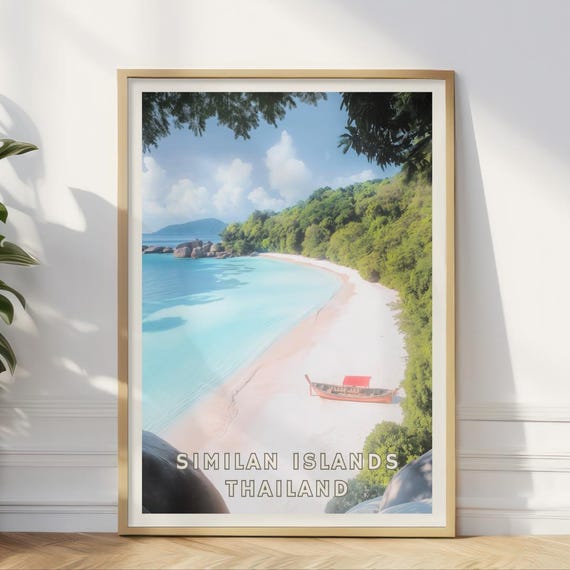 Similan Islands Thailand Poster Tropical Beach Wall Art Longtail Boat Ocean Print Coastal Paradise Decor Travel Home Office Artwork