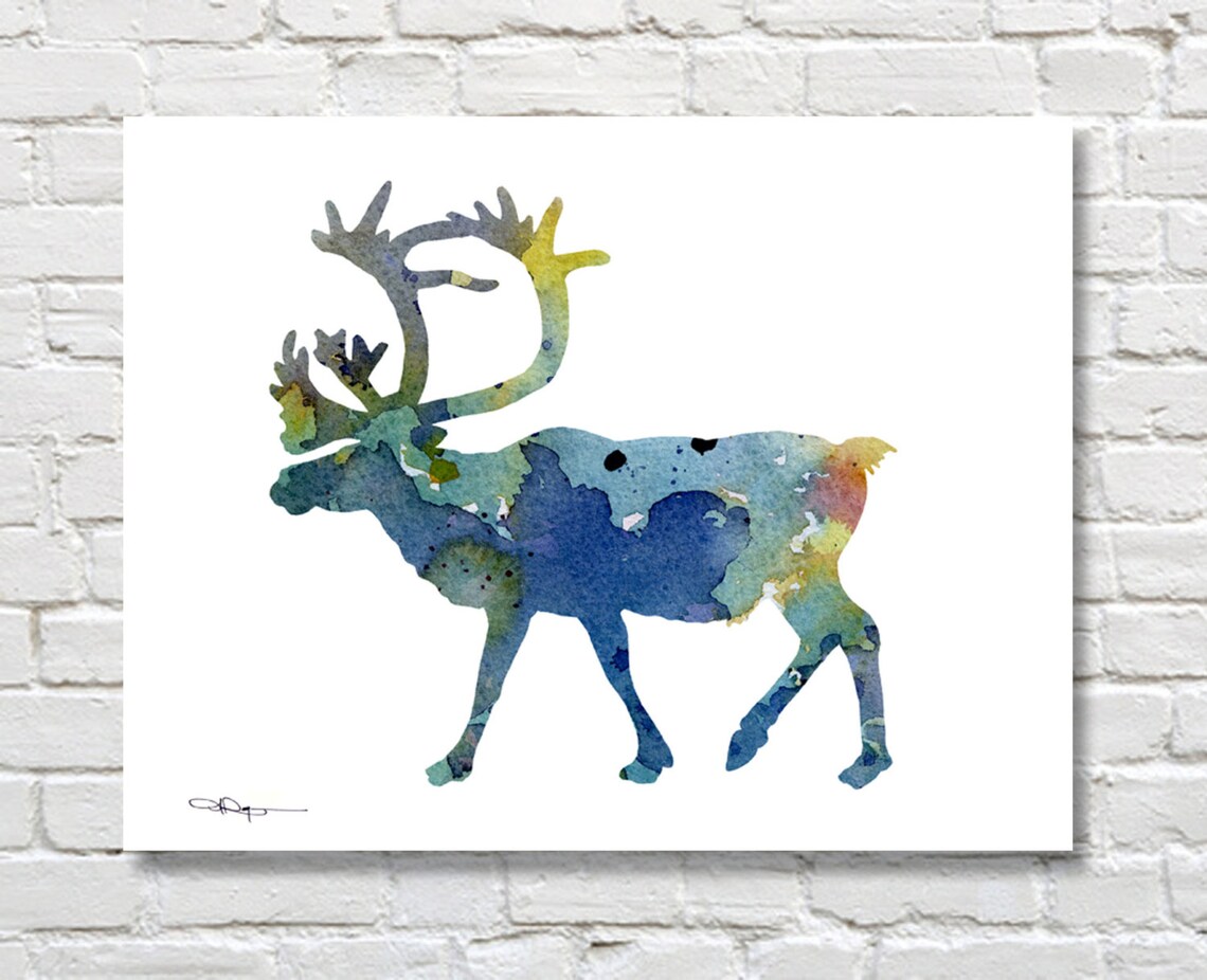 Blue and Green Watercolor Caribou Reindeer Antlers Wildlife Art Print