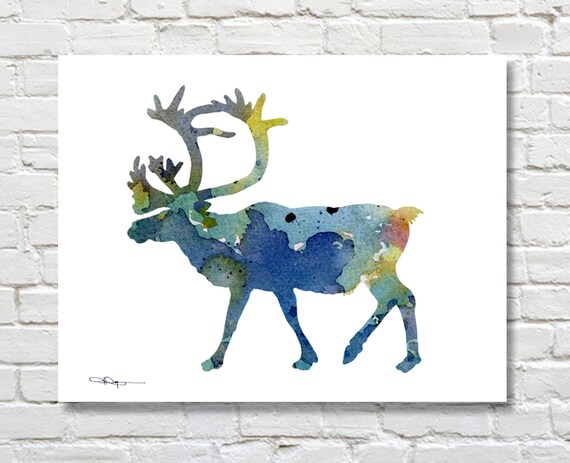 Blue and Green Watercolor Caribou Reindeer Antlers Wildlife Art Print