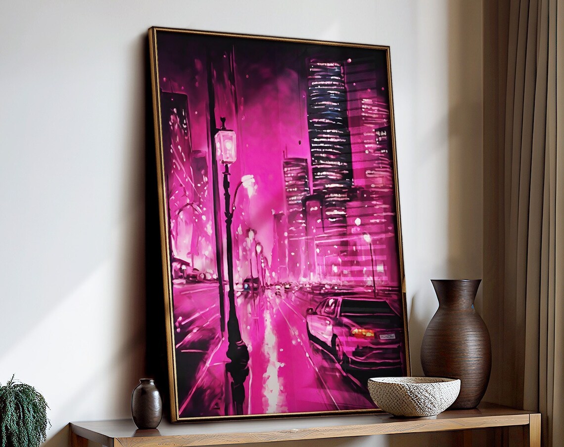 Pink Rainy City Street Night Lampposts Car Cinematic Scene Poster - Image 4