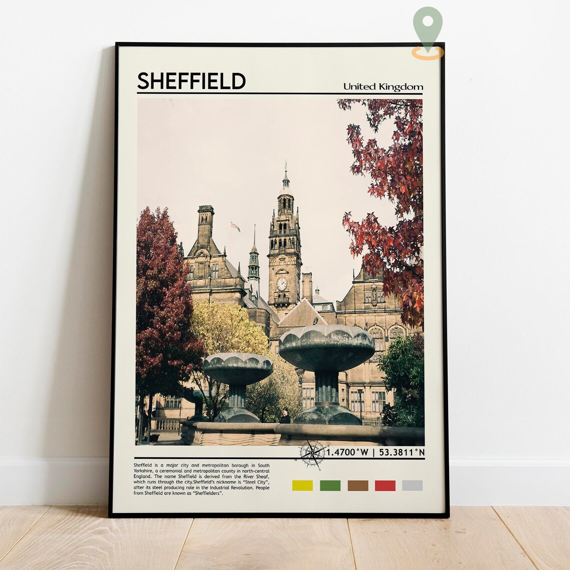 Sheffield United Kingdom City Hall Autumn Fountains Coordinate Poster - Image 2
